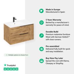 Banyetti Celtic Duo 1000mm Wall Hung Vanity Unit with Door & Worktop - Ostippo Oak in Light Oak - thumbnail 2