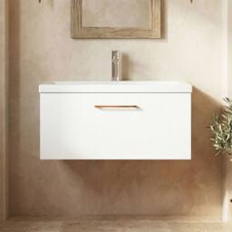 Balterley 800mm Wall Hung 1 Drawer Vanity Basin Unit, Gloss White, Copper Handle in White - thumbnail 9
