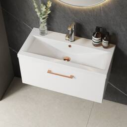 Balterley 800mm Wall Hung 1 Drawer Vanity Basin Unit, Gloss White, Copper Handle in White - thumbnail 3
