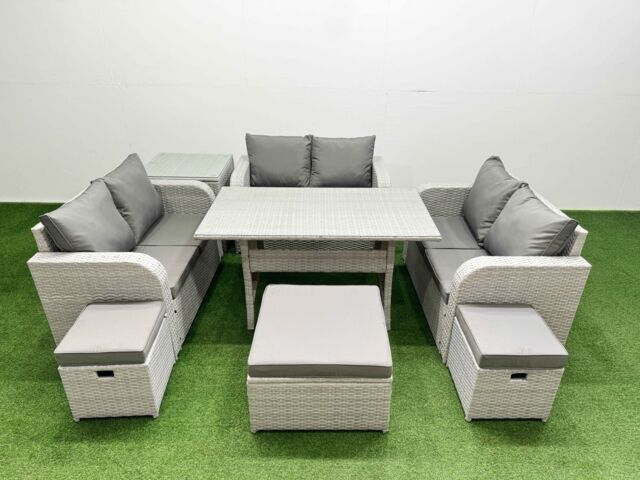 Fimous 9 Seater PE Wicker Rattan Furniture Sofa Sets with Rectangular Dining Table 2 Seater Love Sofa 3 Stool Side Table Light Grey - image 1