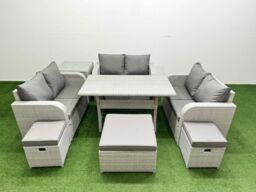 Fimous 9 Seater PE Wicker Rattan Furniture Sofa Sets with Rectangular Dining Table 2 Seater Love Sofa 3 Stool Side Table Light Grey - thumbnail 1