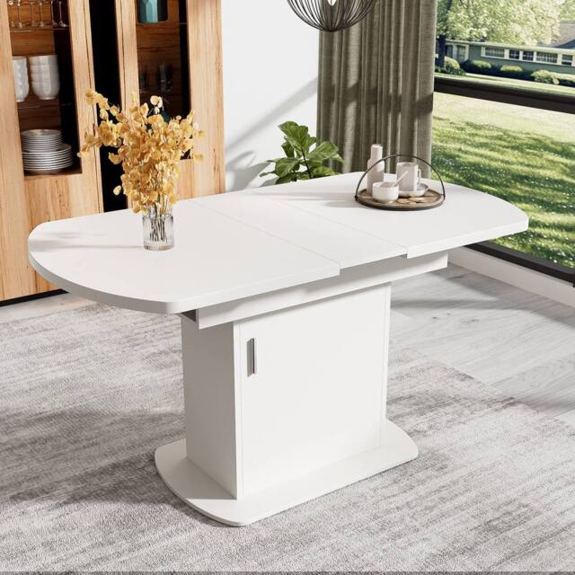 Merax Extendable Oval Pedestal Dining Table with Built-in Storage Cabinet in White - image 1