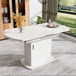 Merax Extendable Oval Pedestal Dining Table with Built-in Storage Cabinet in White