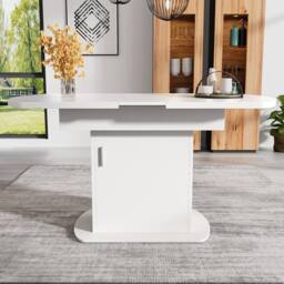 Merax Extendable Oval Pedestal Dining Table with Built-in Storage Cabinet in White - thumbnail 2