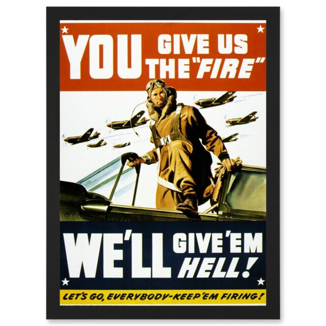 Artery8 War World WW2 USA Pilot Fighter Advert Jet Plane Give Em Hell A4 Artwork Framed Wall Art Print in Black - image 1