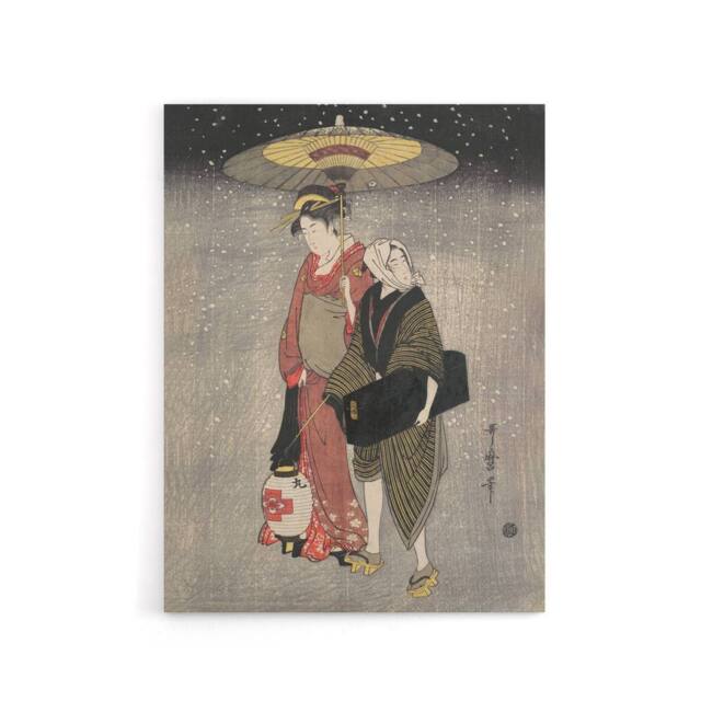 "Artery8 Geisha Walking Snow At Night Canvas Wall Art Print Kitagawa in Grey - Size: W18"" x H24""" - image 1