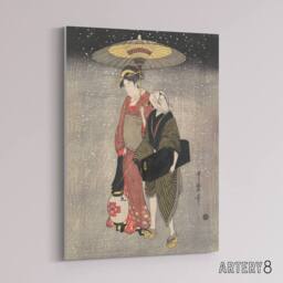 "Artery8 Geisha Walking Snow At Night Canvas Wall Art Print Kitagawa in Grey - Size: W18"" x H24""" - thumbnail 2