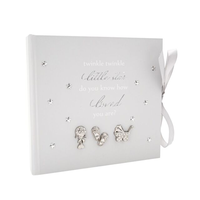 Happy Homewares Baby Keepsake Photo Album with Silver Plated Rattle Pram & Booties in Grey - image 1
