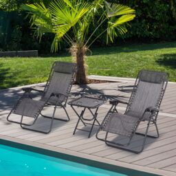 OUTSUNNY 3PC Zero Gravity Chairs Sun Lounger Table Set w/ Cup Holders in Light Grey - thumbnail 1