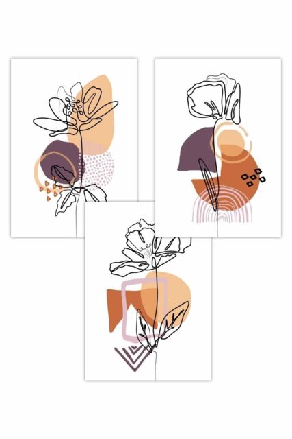 ARTZE Set of 3 Line Art Flowers on Purple Orange Boho Shapes Art Posters - Size: W50 cm x H70 cm - image 1