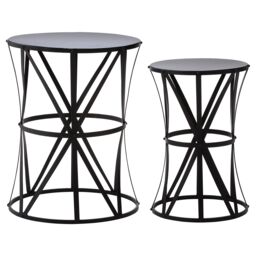 Orsina Set of 2 Cross Design Black Side Tables, Iron Lattice Frame with Round Stud Detail, Concave Vertical Tables