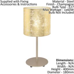 Loops 2 PACK Table Lamp Champagne Slim Stem Round Base Shade Gold Fabric E27 1x60W - thumbnail 2