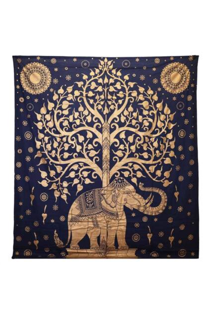 KDMD Double Cotton Bedspread & Wall Hanging - Elephant & Tree, Blue Gold - image 1