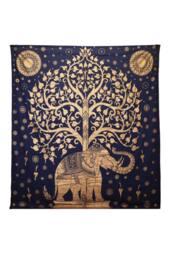 KDMD Double Cotton Bedspread & Wall Hanging - Elephant & Tree, Blue Gold - thumbnail 1