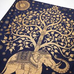 KDMD Double Cotton Bedspread & Wall Hanging - Elephant & Tree, Blue Gold - thumbnail 3
