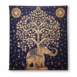 KDMD Double Cotton Bedspread & Wall Hanging - Elephant & Tree, Blue Gold - thumbnail 4