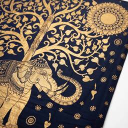 KDMD Double Cotton Bedspread & Wall Hanging - Elephant & Tree, Blue Gold - thumbnail 2