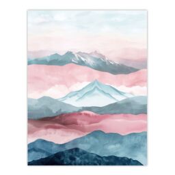 "Artery8 Mountain Range Morning Fog Pink Blue Watercolour Wall Art Print - Size: W24"" x H32""" - thumbnail 1
