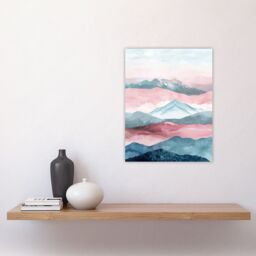 "Artery8 Mountain Range Morning Fog Pink Blue Watercolour Wall Art Print - Size: W24"" x H32""" - thumbnail 4