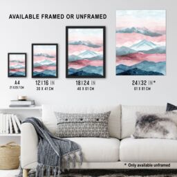 "Artery8 Mountain Range Morning Fog Pink Blue Watercolour Wall Art Print - Size: W24"" x H32""" - thumbnail 3