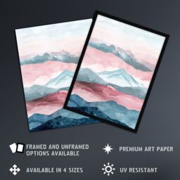 "Artery8 Mountain Range Morning Fog Pink Blue Watercolour Wall Art Print - Size: W24"" x H32""" - thumbnail 2