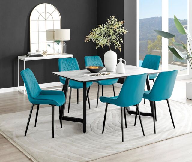 FurnitureboxUK Carson White Marble Effect Dining Table & 6 Pesaro Black Leg Chairs in Blue - image 1