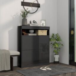 HOMCOM Narrow Shoe Cabinet, Wall Mounted or Freestanding Shoe Storage Cabinet with 2 Flip Drawers & Open Shelf for 12-16 Pairs of Shoes for Entryway