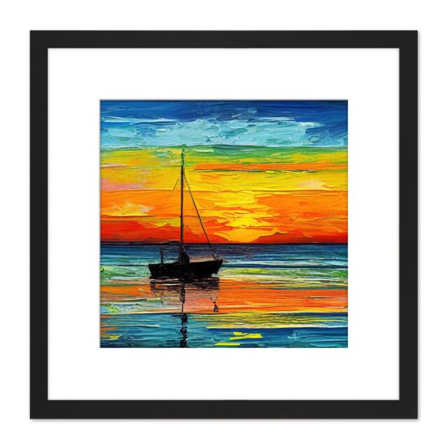 Artery8 Sea Boat in Sunset Seascape Vibrant Multicoloured Oil Painting Square Wooden Framed Wall Art Print Picture 8X8 Inch in Black - image 1