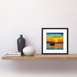 Artery8 Sea Boat in Sunset Seascape Vibrant Multicoloured Oil Painting Square Wooden Framed Wall Art Print Picture 8X8 Inch in Black - thumbnail 2