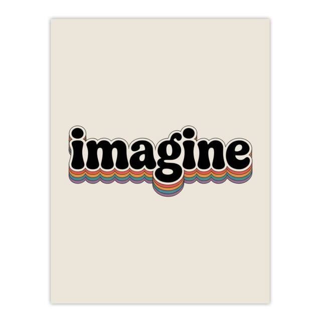 "Artery8 Imagine Colourful Retro Rainbow Font Typography Wall Art Print in Beige - Size: W12"" x H16""" - image 1