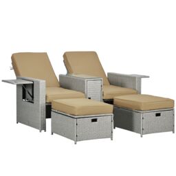 OUTSUNNY Recliner Rattan Sun Lounger w/ Storage Tea Table & Footstools in Beige - thumbnail 2