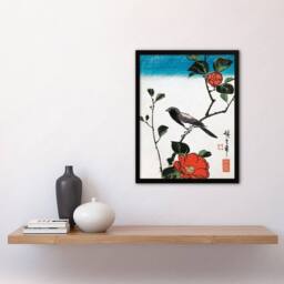 Artery8 Utagawa Hiroshige Framed Wall Art Japan Bird On Camellia Branch in Red - Size: A4 - thumbnail 2