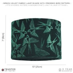 Happy Homewares Bird Decorated Soft Velvet Fabric Lamp Shade with Matching Inner Lining in Dark Green - Size: 10 inches - thumbnail 6