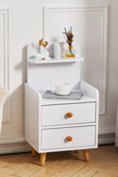Living and Home 2 Drawer Wooden Bedside Table With Wooden Legs in White - thumbnail 1