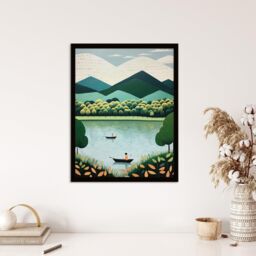 Wee Blue Coo Wall Art Print The Boating Lake Scenic Boat Ride in Tranquil Waters Teal Green Orange Stylised Oil Painting Art Framed - Size: A4 - thumbnail 4