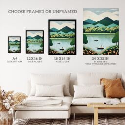Wee Blue Coo Wall Art Print The Boating Lake Scenic Boat Ride in Tranquil Waters Teal Green Orange Stylised Oil Painting Art Framed - Size: A4 - thumbnail 3
