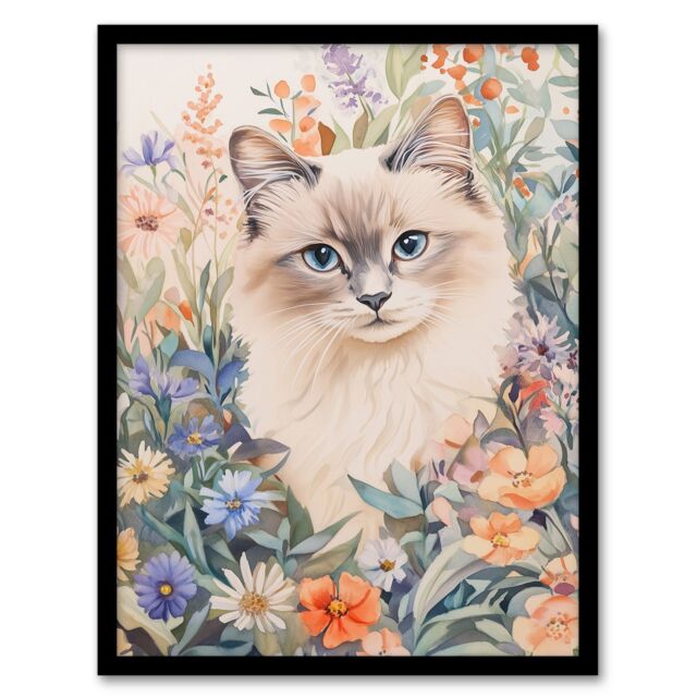 "Artery8 Ragdoll Cat Lover Floral Pet Portrait Watercolour Framed Art Print - Size: W12"" x H16""" - image 1