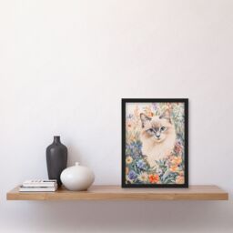 "Artery8 Ragdoll Cat Lover Floral Pet Portrait Watercolour Framed Art Print - Size: W12"" x H16""" - thumbnail 4