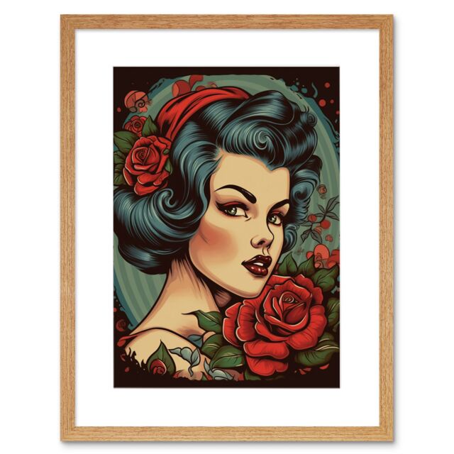 "Artery8 Wall Art Print Snow White Roses Pin Up Rockabilly Americana 50s Artwork Framed 9X7 Inch in Beige - Size: W7"" x H9""" - image 1