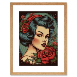 "Artery8 Wall Art Print Snow White Roses Pin Up Rockabilly Americana 50s Artwork Framed 9X7 Inch in Beige - Size: W7"" x H9""" - thumbnail 1