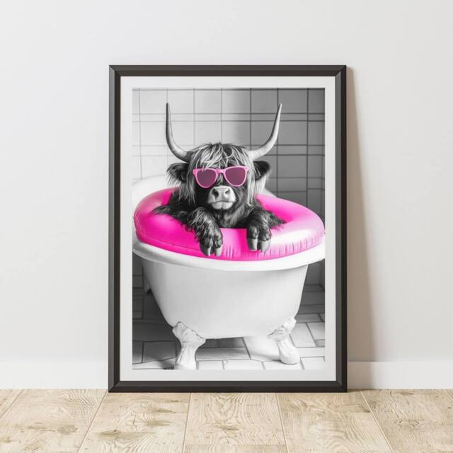 60 SECOND MAKEOVER Highland Cow Pink Rubber Ring Quirky Animal Print - Size: A4 - image 1