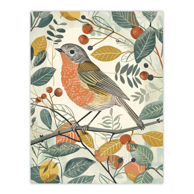 "Artery8 Robin Bird Garden Shrub Leaves Bright Painting Wall Art Print - Size: W24"" x H32""" - image 1