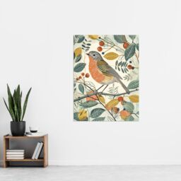 "Artery8 Robin Bird Garden Shrub Leaves Bright Painting Wall Art Print - Size: W24"" x H32""" - thumbnail 4