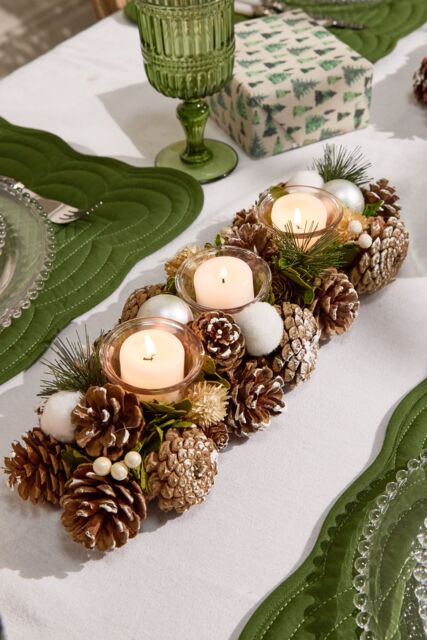 Dibor Silver Triple Table Centrepiece Christmas Decoration Candle Holders Tealight Holder 39cm in White - image 1