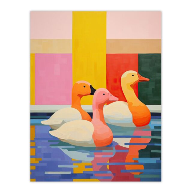 "Wee Blue Coo Wall Art Print Chameleon Ducks Swimming Vibrant Geometric Pattern Oil Painting Poster - Size: W18"" x H24""" - image 1