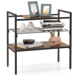 Costway 3-Tier Industrial Entryway Table Sofa Side Table W/ Removable Panel & Mesh Shelf in Brown - thumbnail 1