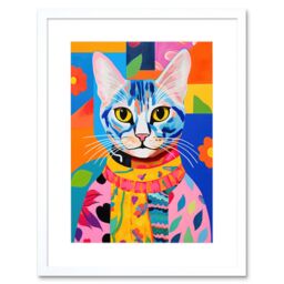 Artery8 Wall Art Print The Cat in the Caftan Artwork Bold Bright Vibrant Modern Folk Art Acrylic Painting Kids Floral Pattern Artwork Framed 9X7 Inch - thumbnail 1