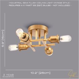 Happy Homewares Industrial Vintage Ceiling Light Fitting with Traditional Lamp Holders in Gold - thumbnail 6