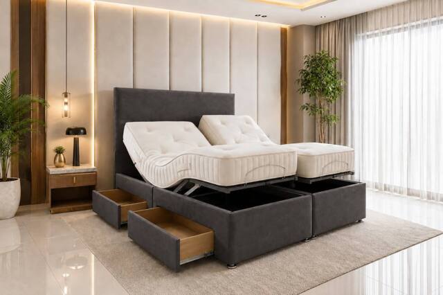 SOFT SNOOZE BEDS Divan Orthopaedic Mobility Bed with Mattress & Headboard Drawers in Dark Grey - Size: Super King - image 1