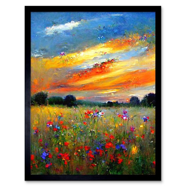 "Artery8 Wall Art Print Sunset Wildflower Peaceful Summer Meadow Oil Painting Art Framed in Black - Size: W12"" x H16""" - image 1